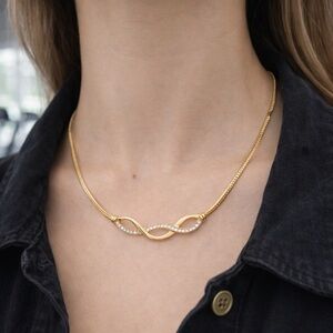 Valentino Gold Tone Infinity Necklace Rhinestone Jewelry Signed Elegant Chain